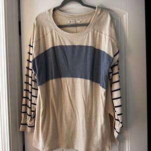 We The Free Cream Pullover with Blue Chest Panel and Navy Striped Sleeves